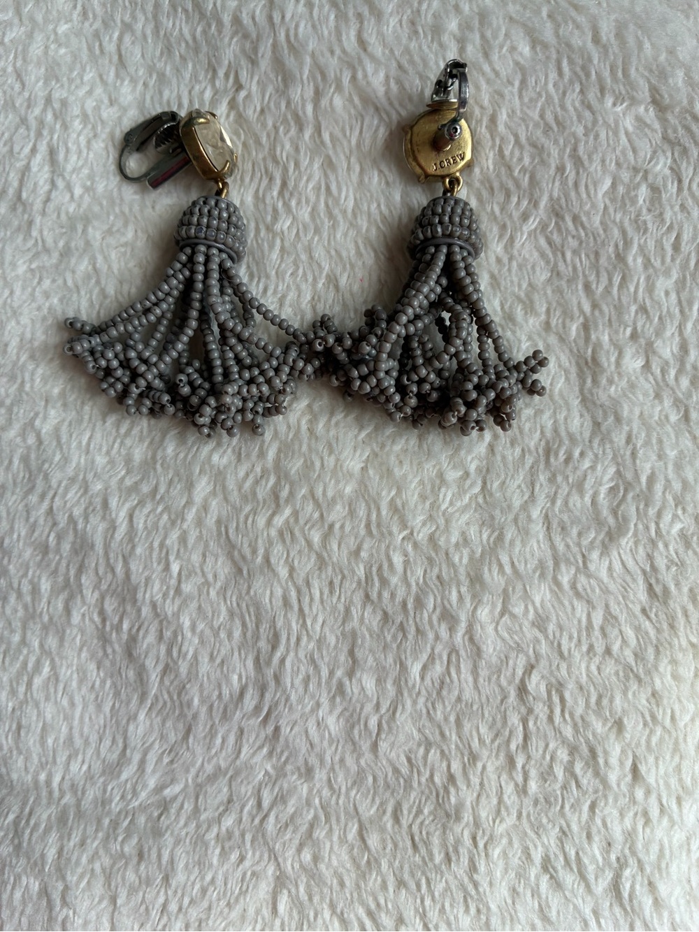 J Crew Clip-On Gray Beaded Tassel Earrings